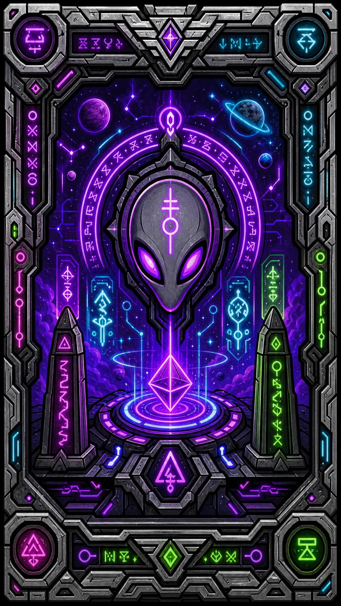 Cartoon alien circuit panel with glowing neon runes