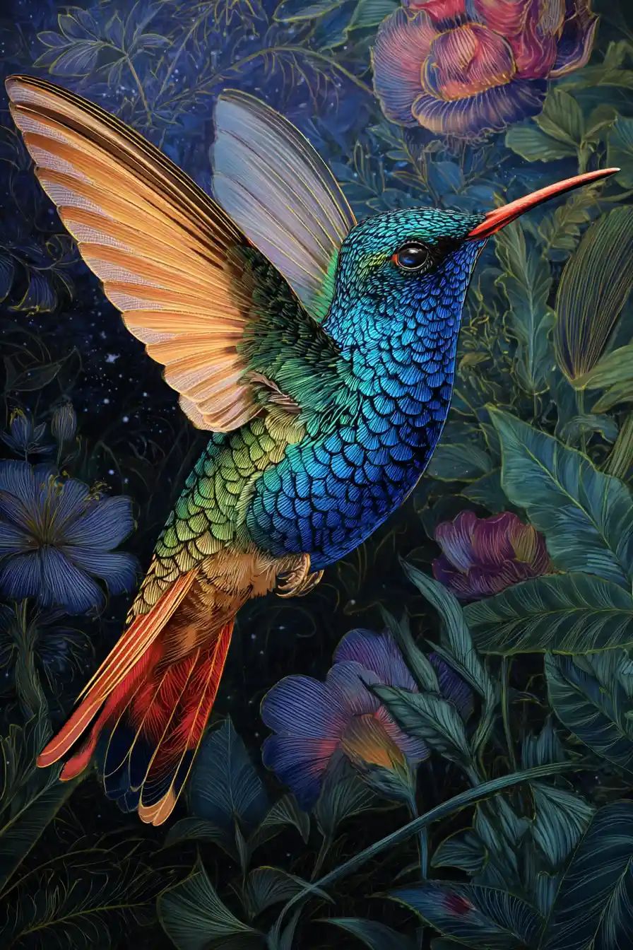 Colorful painting of a hummingbird in dynamic swirling motion