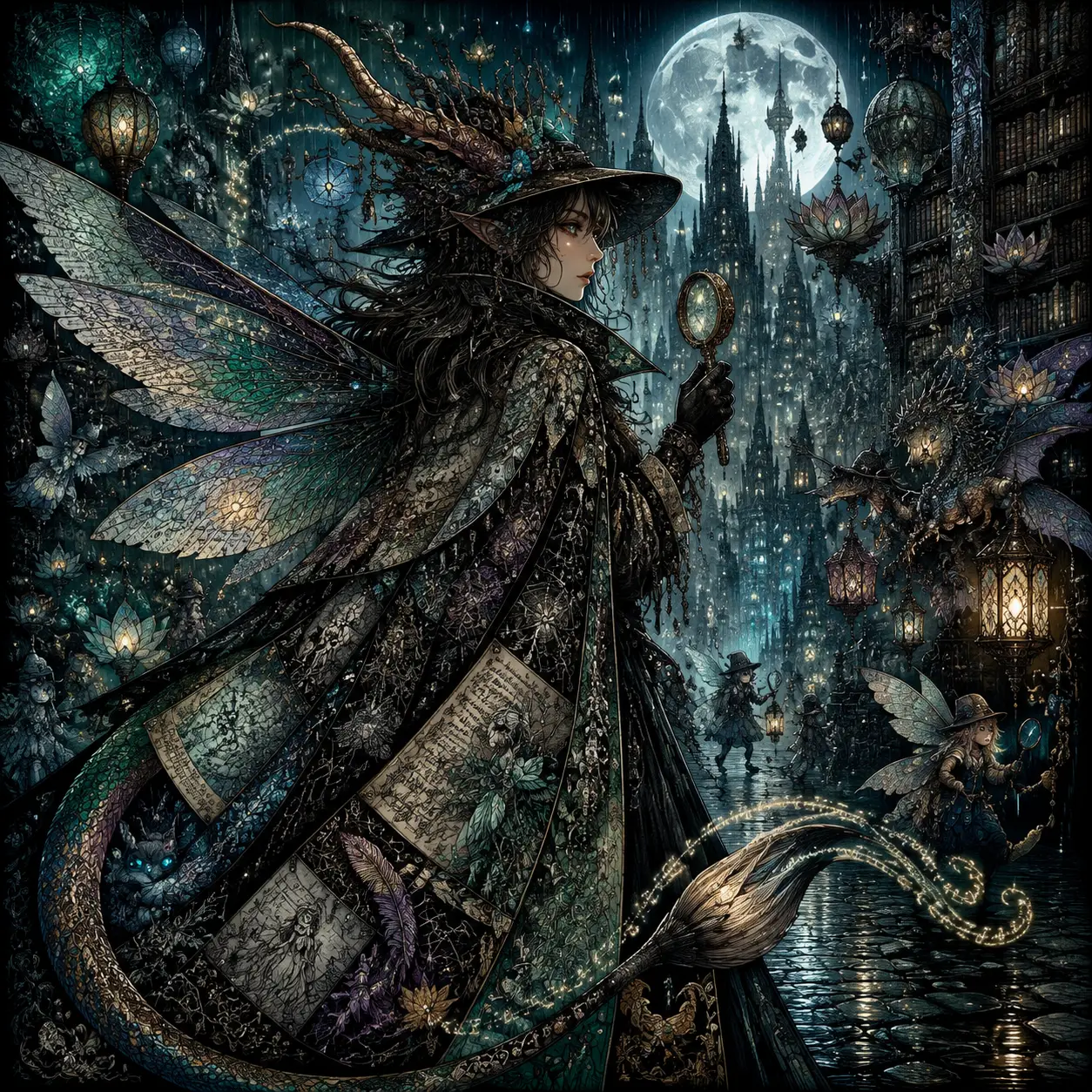 Drachen-Feen-Detektiv in einer regennassen Fantasy-Stadt
