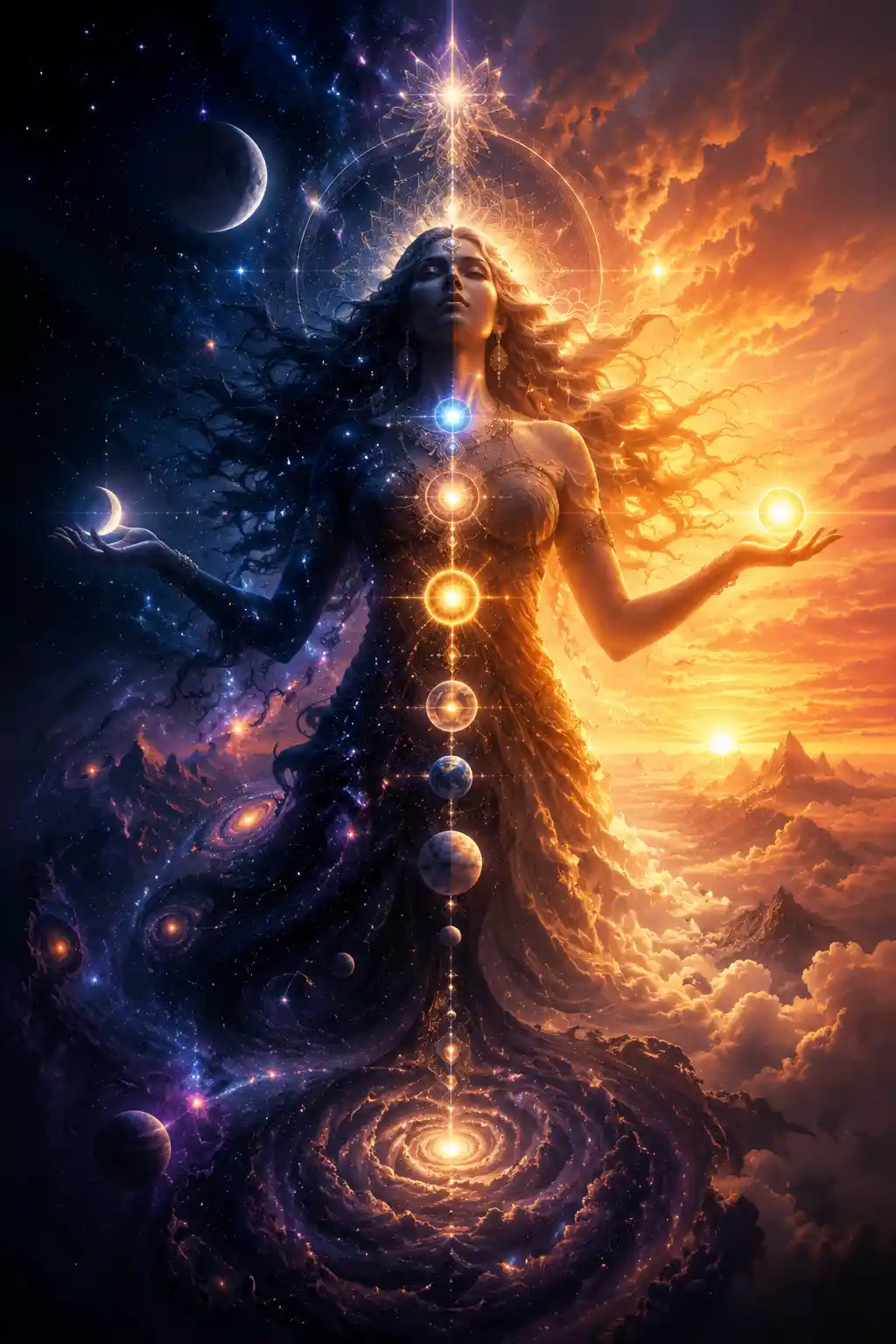 Mystical abstract figure united with the infinite cosmos