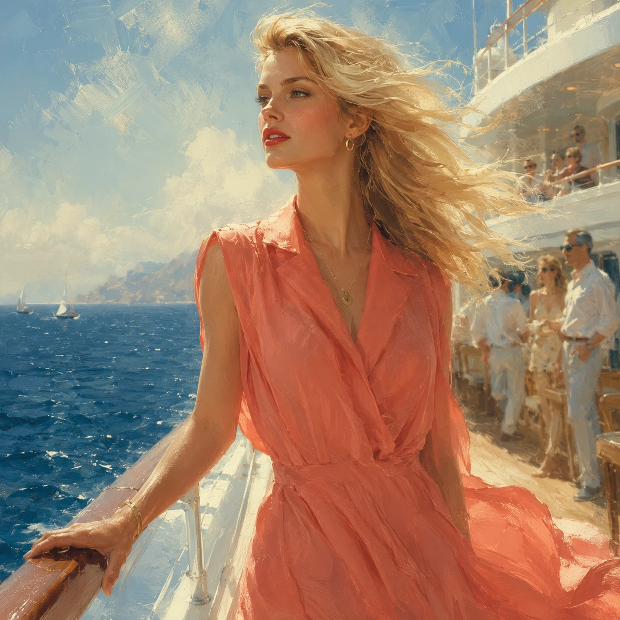 Blonde Frau auf einer Yacht, die auf das ruhige Sommermeer blickt