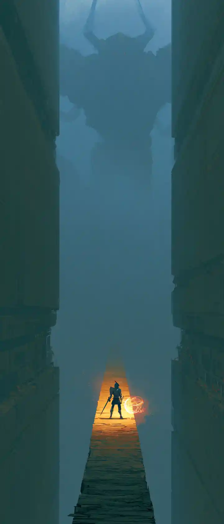 Tiny anime knight on glowing bridge facing giant golem