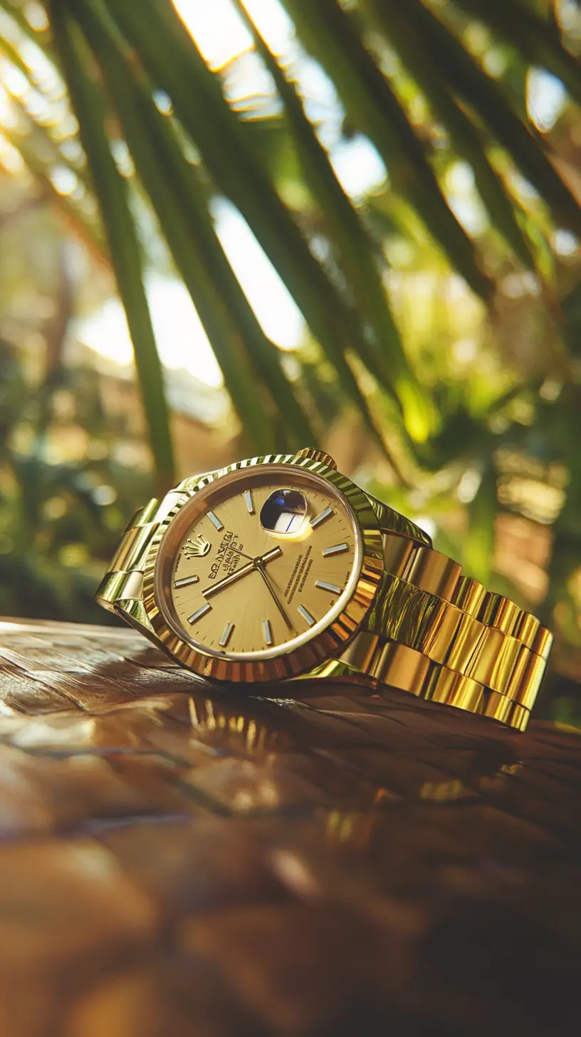 Eighteen karat gold wristwatch shining in tropical heat