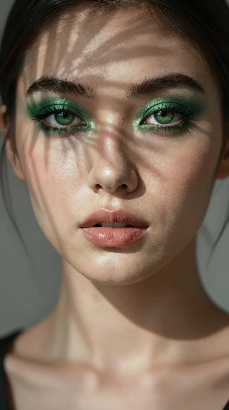 Retrato dramático em close de uma mulher na luz salpicada
