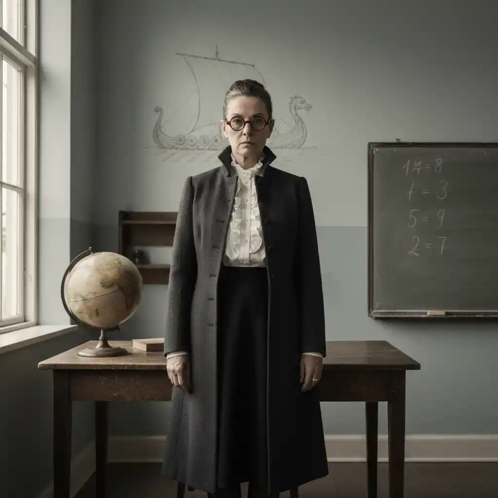 Stern Swedish schoolteacher in a vintage classroom scene