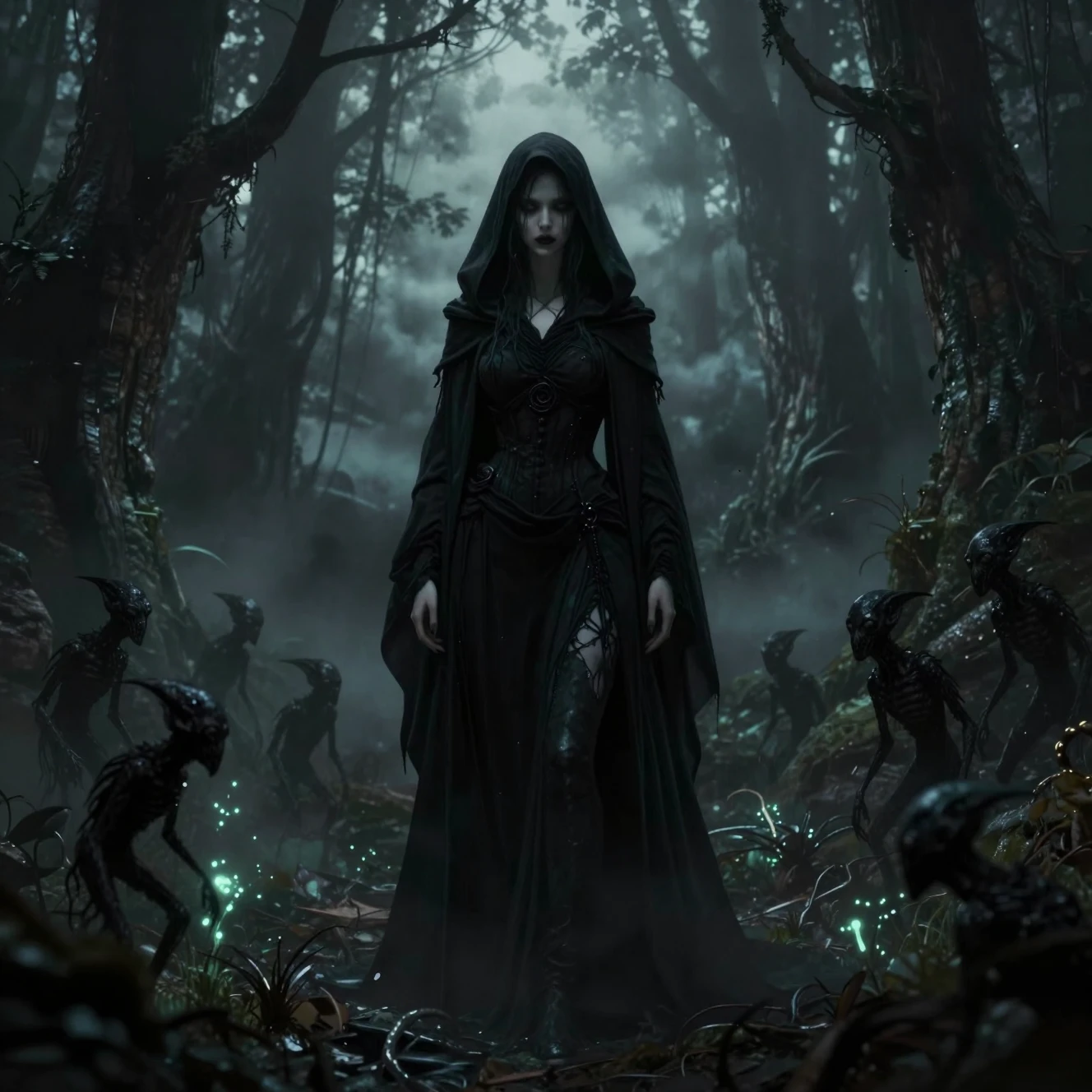 Femme encapuchonnée dans une forêt sombre avec des créatures ombrageuses