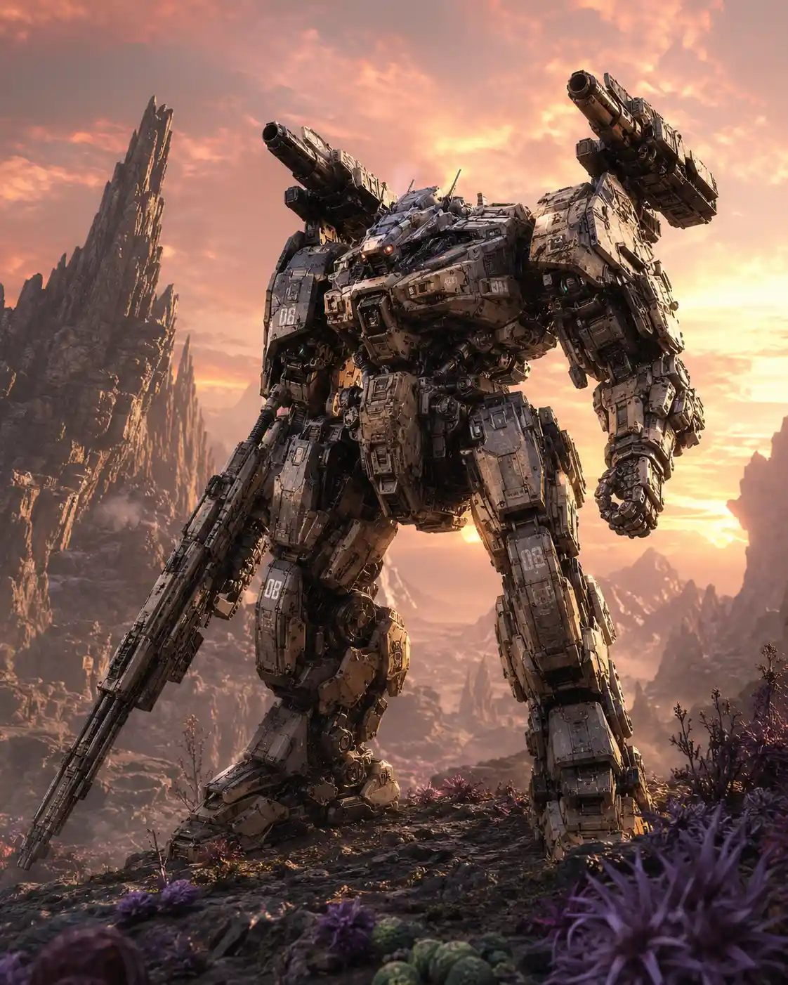 Colossal armored mecha in a dramatic alien landscape