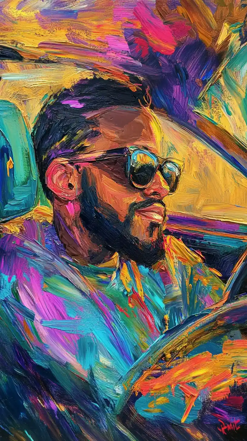 Confident artist arriving in a luxury car on city street