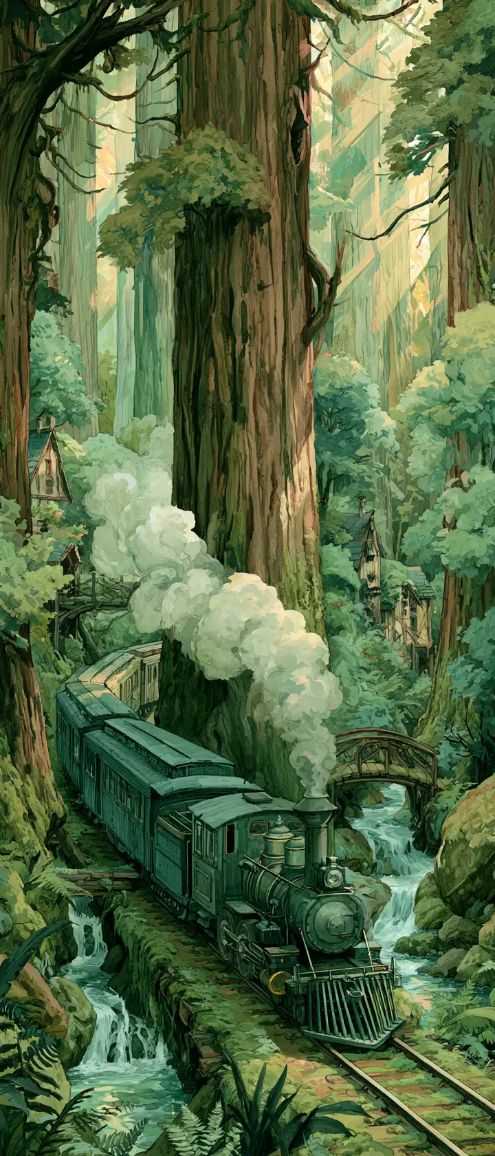迷人的翡翠奇幻森林中的復古火車