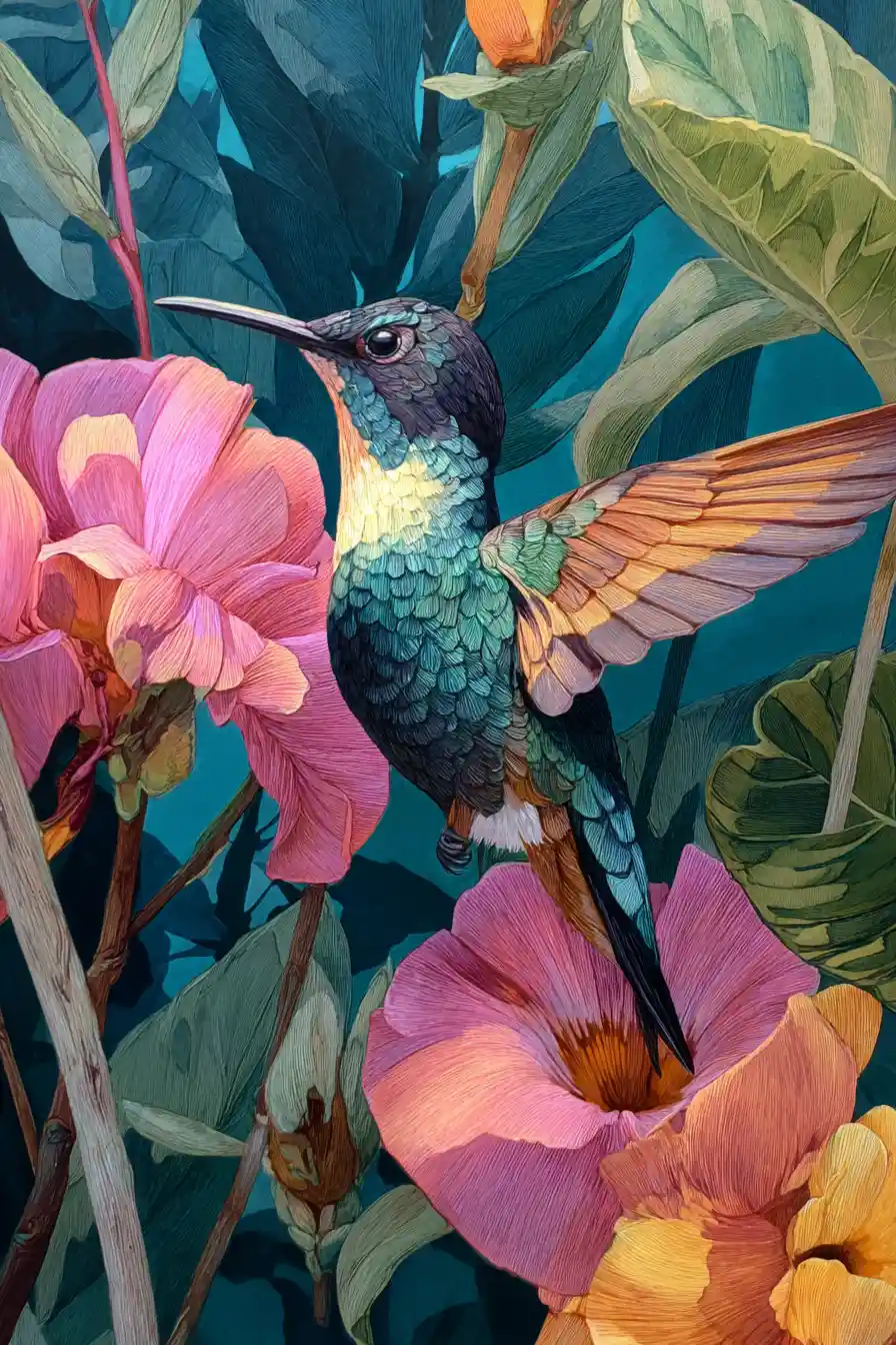 Colorful hummingbird painting in swirling vibrant tones