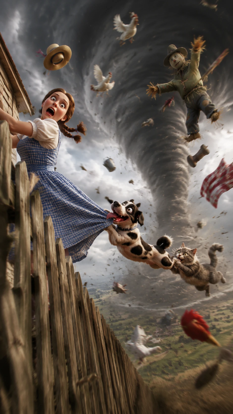Girl gripping a farm fence in swirling windy chaos