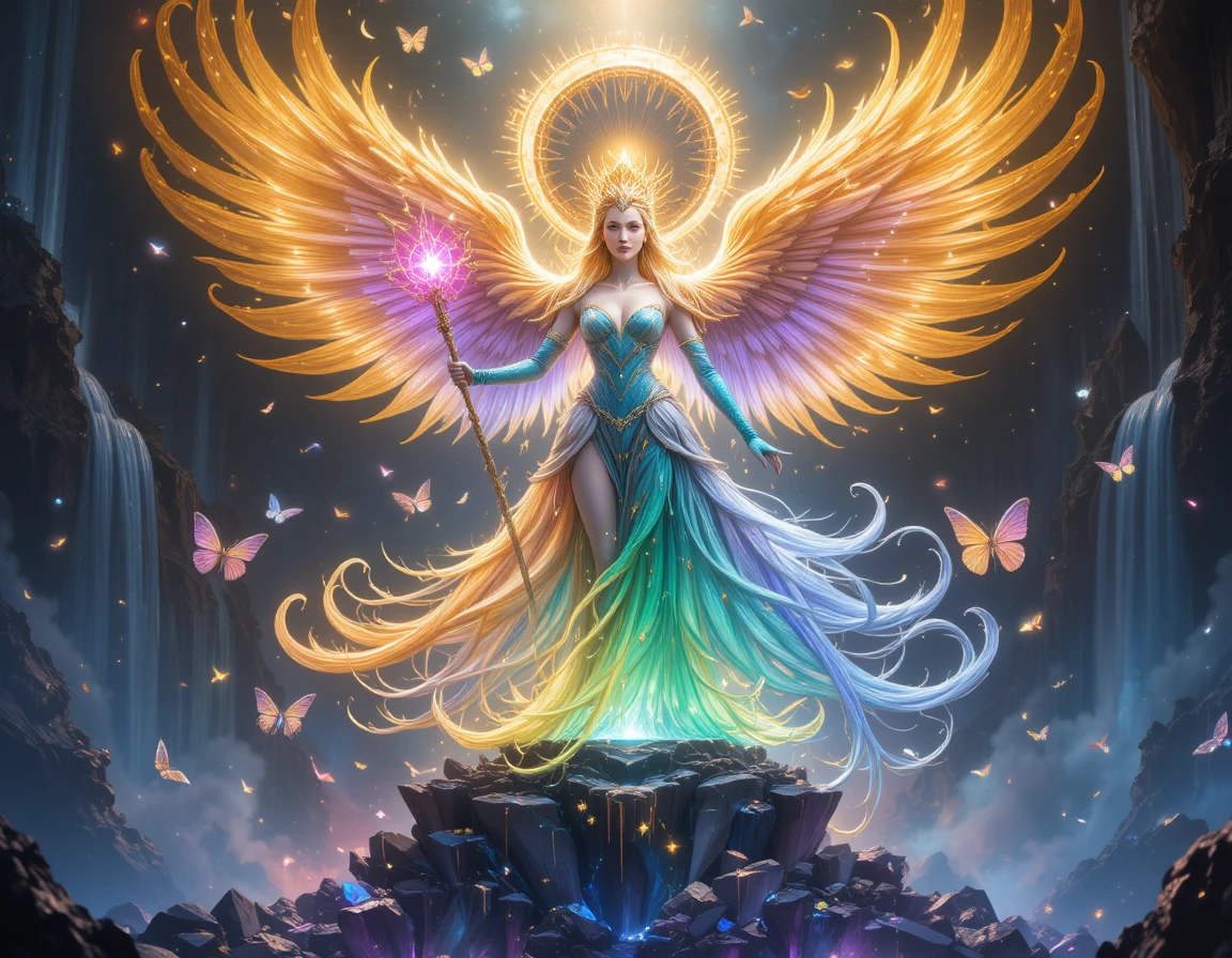 Monarca fênix celestial em trono de obsidiana acima de quedas cósmicas