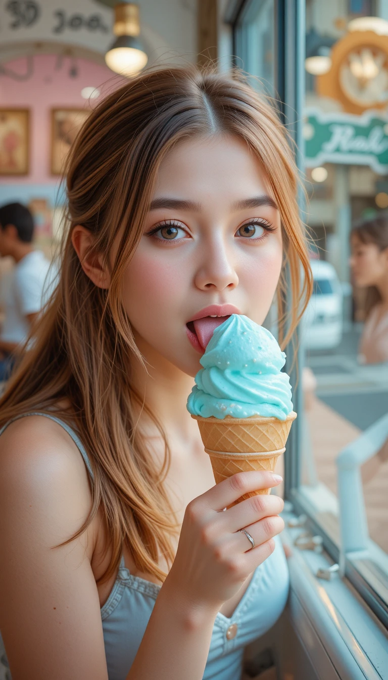 Dolce ragazza adolescente che mangia il gelato in un caffè