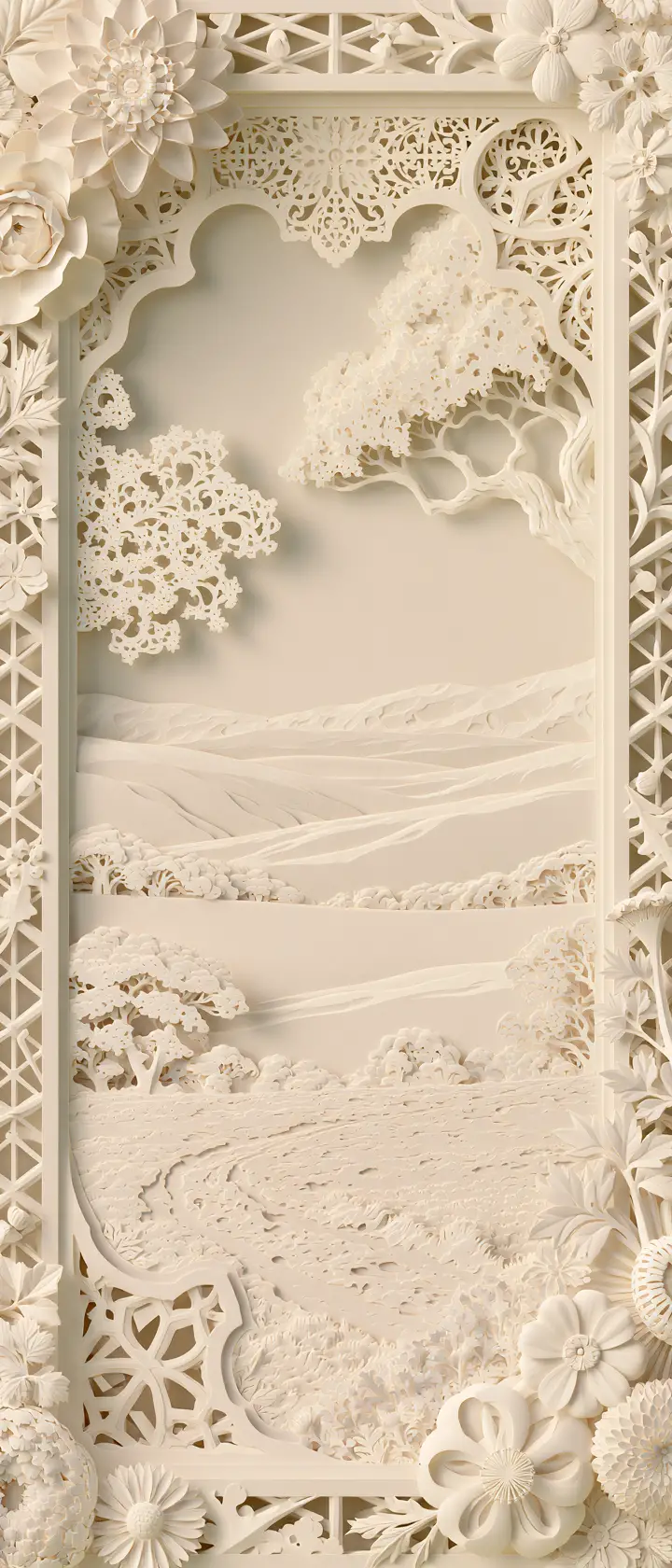 Stille Papercut-Bauernhoflandschaft mit fernen sanften Hügeln
