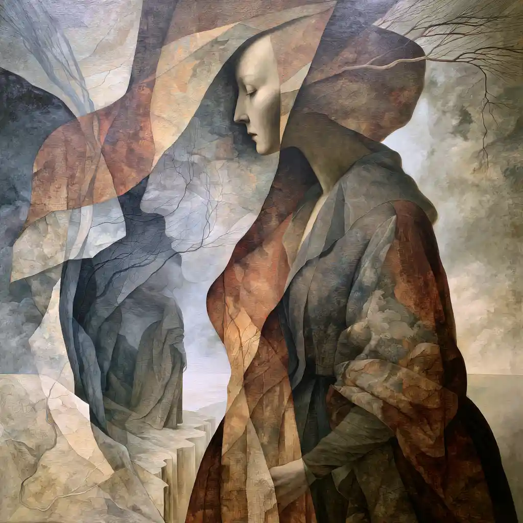 Surreal woman merging with dreamlike subconscious landscape