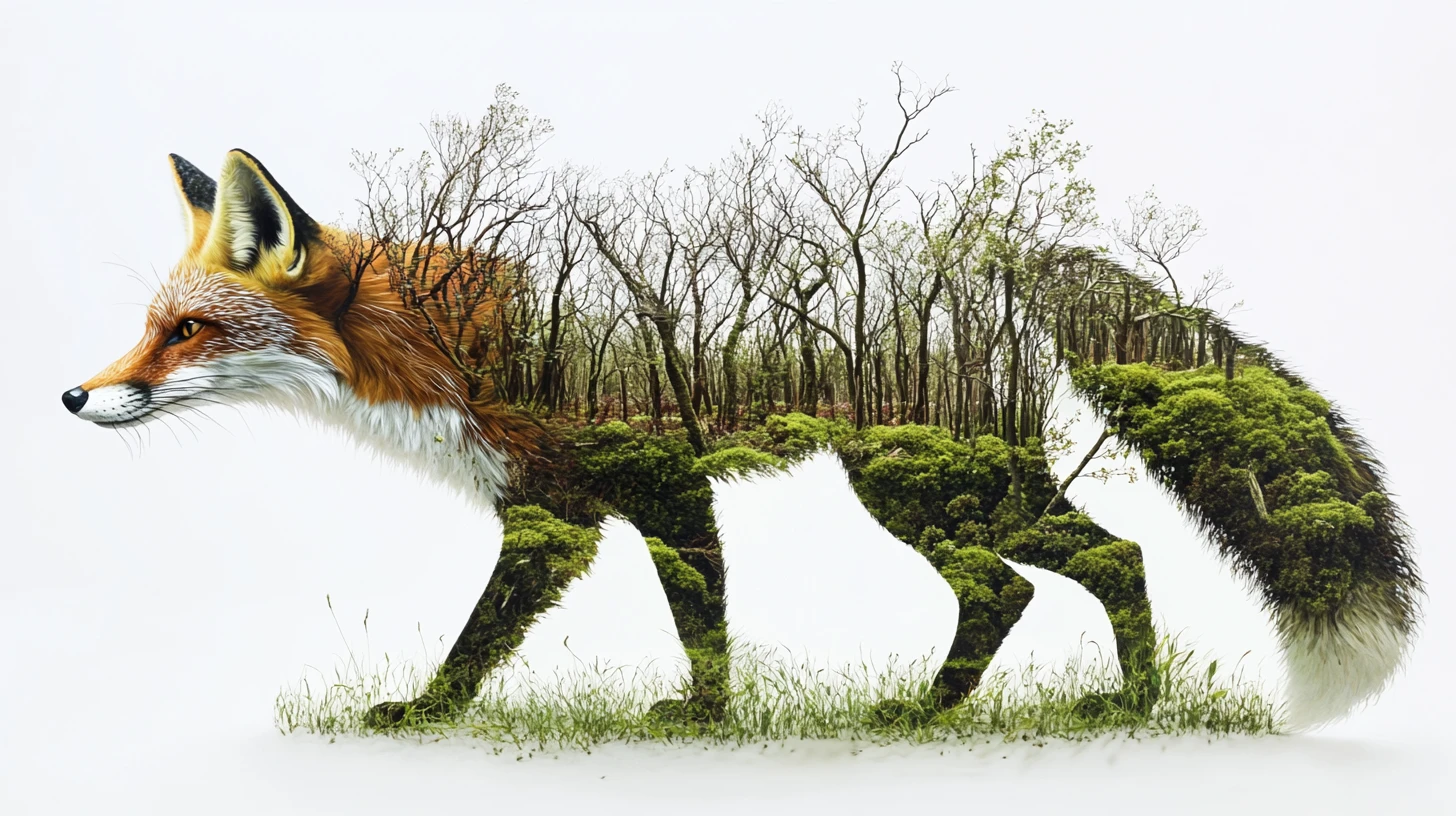 Raposa se transformando em uma paisagem de floresta viva e contínua