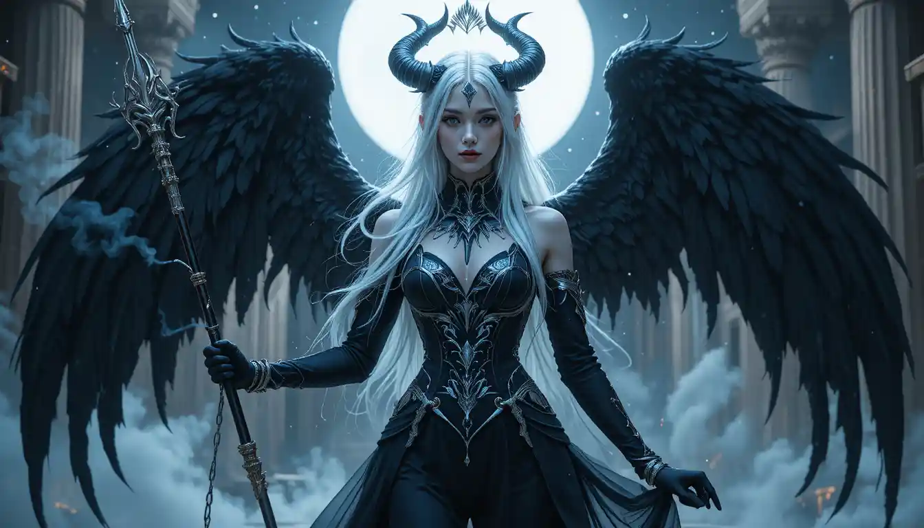 Ethereal dark fantasy girl with wings and flowing gown