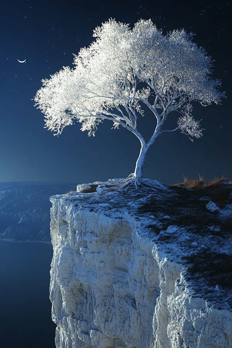 Albero bianco solitario su una scogliera di mezzanotte