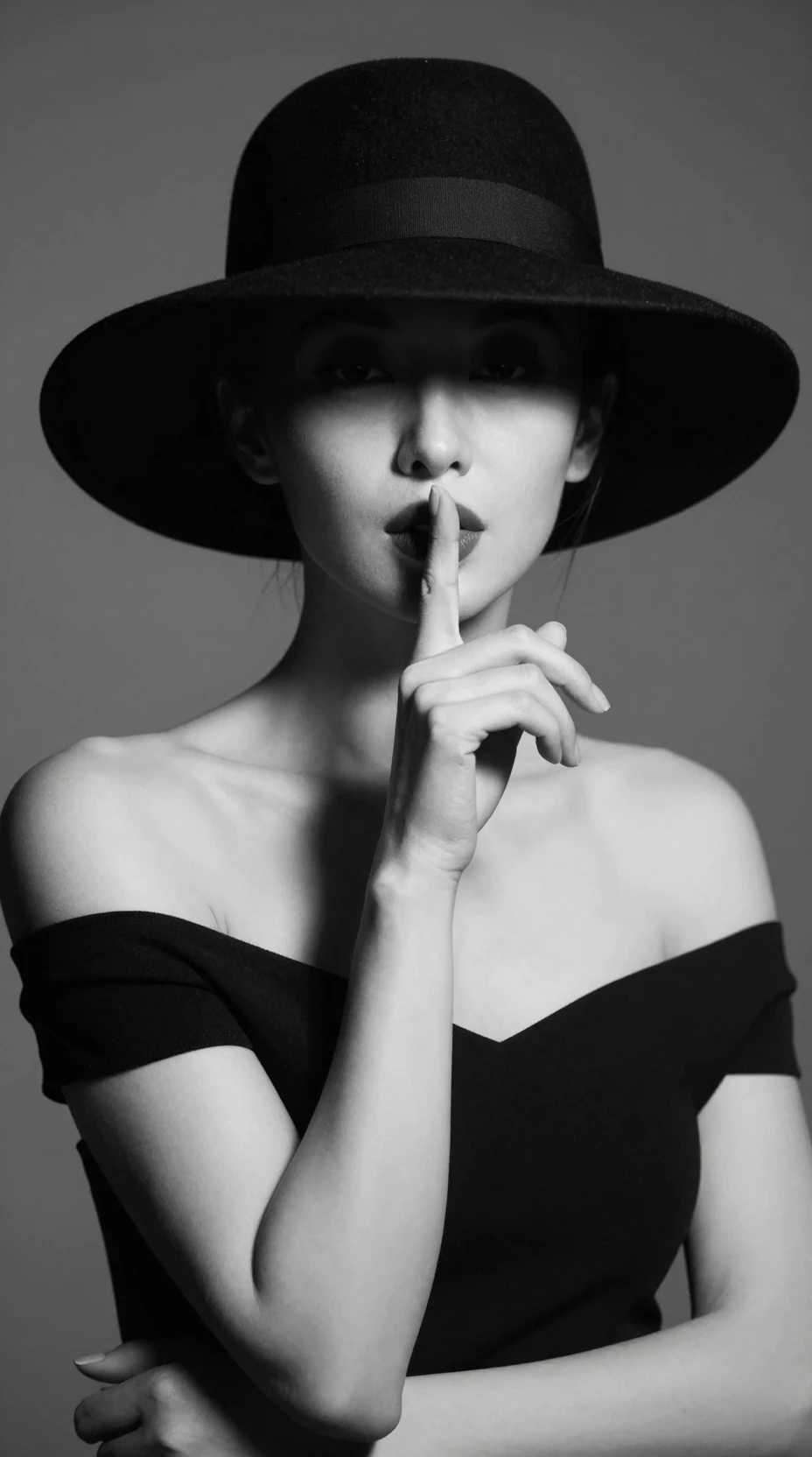 Mysterious black and white portrait of a woman in hat