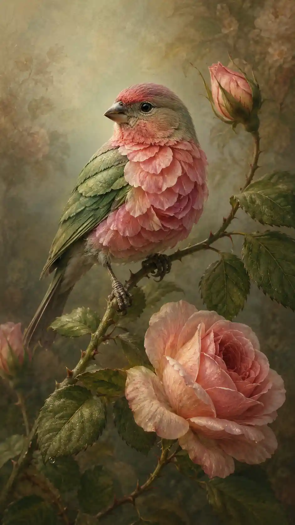 Surreal finch with rose petal breast on garden stem