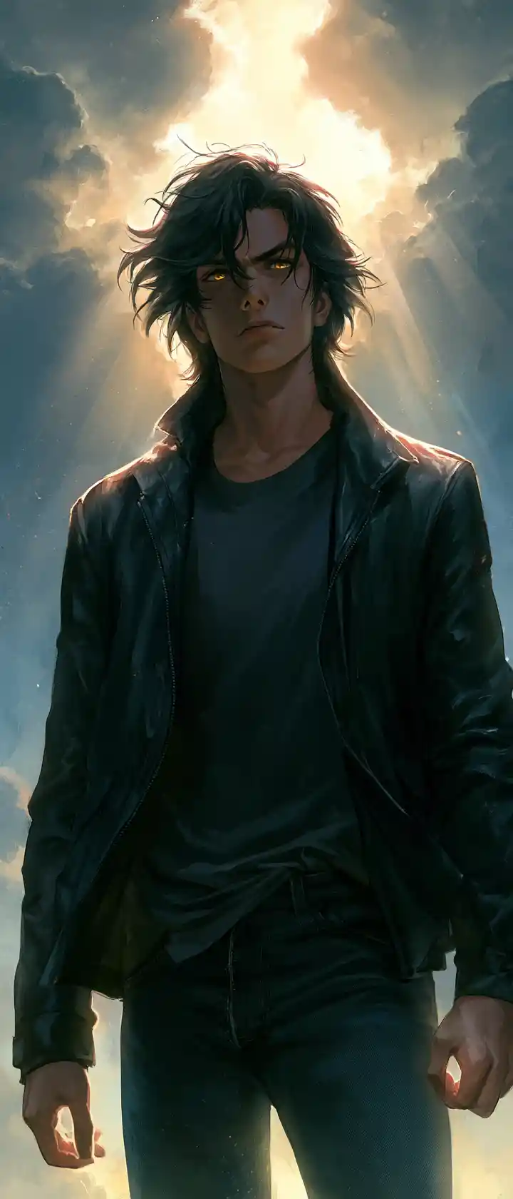 Determined anime man in valley with golden god rays
