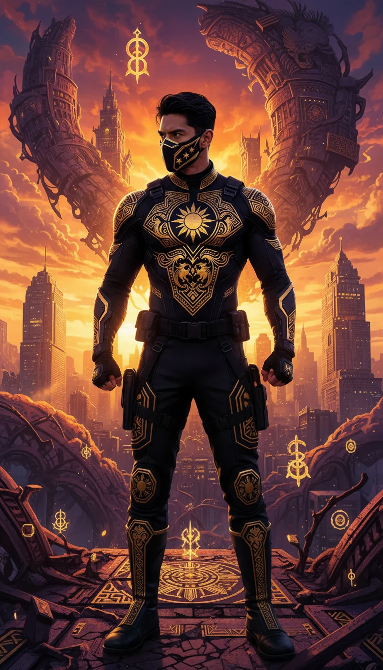 Herói tático mascarado com emblema filipino dourado ao pôr do sol