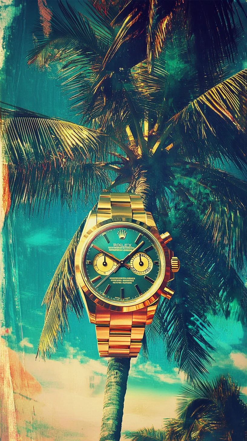 Reloj de pulsera dorado en un exuberante entorno tropical