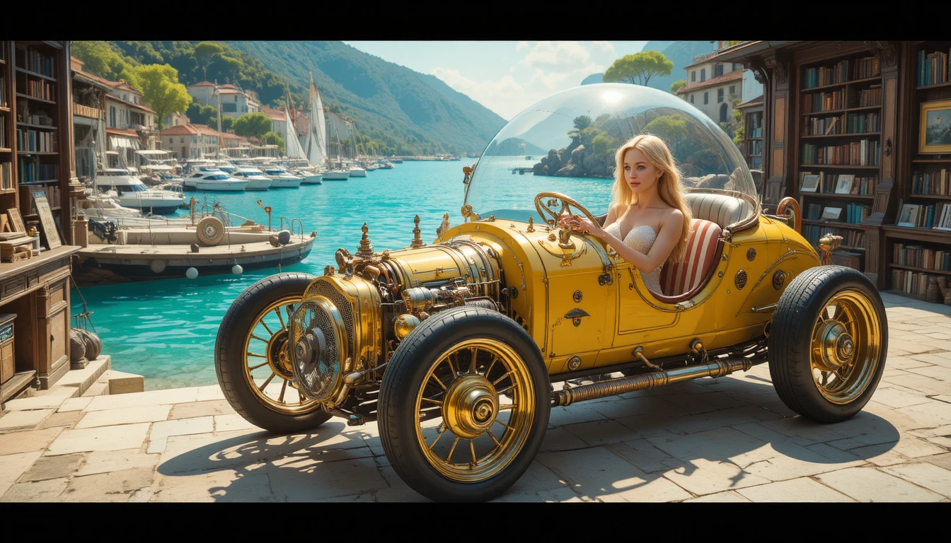 Carro steampunk vintage em uma oficina interna aconchegante