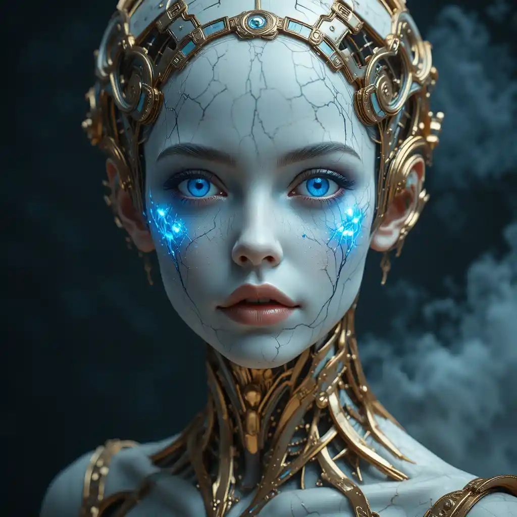 Futuristic Biomechanical Porcelain Doll Portrait With Neon Chips
