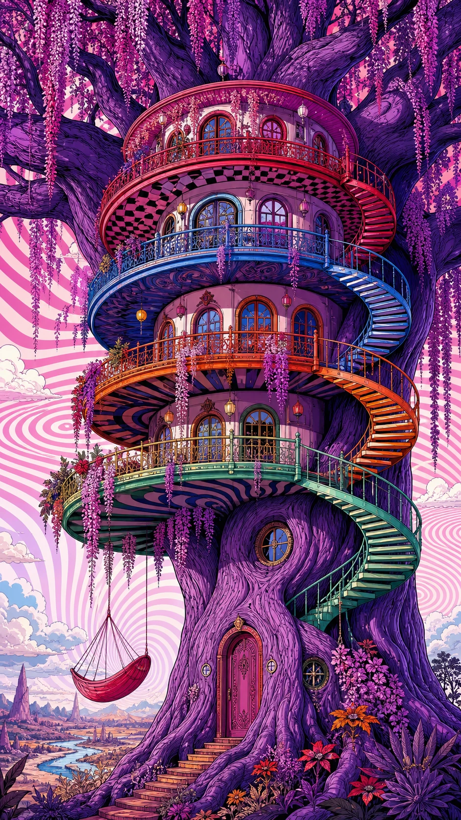 Surreales violettes Baobab-Baumhaus mit bunten Terrassen