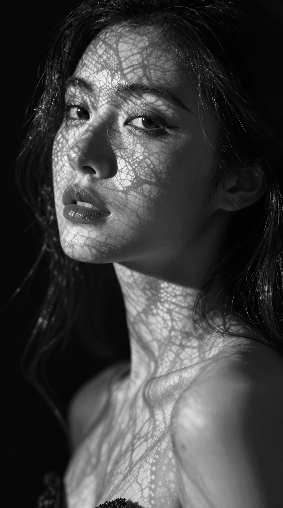Retrato em close preto e branco de uma mulher misteriosa