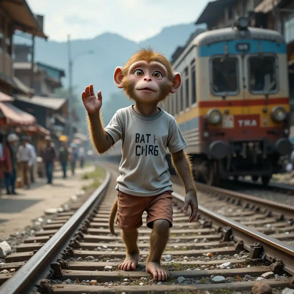 Curious monkey walking through a busy Kashmir street market