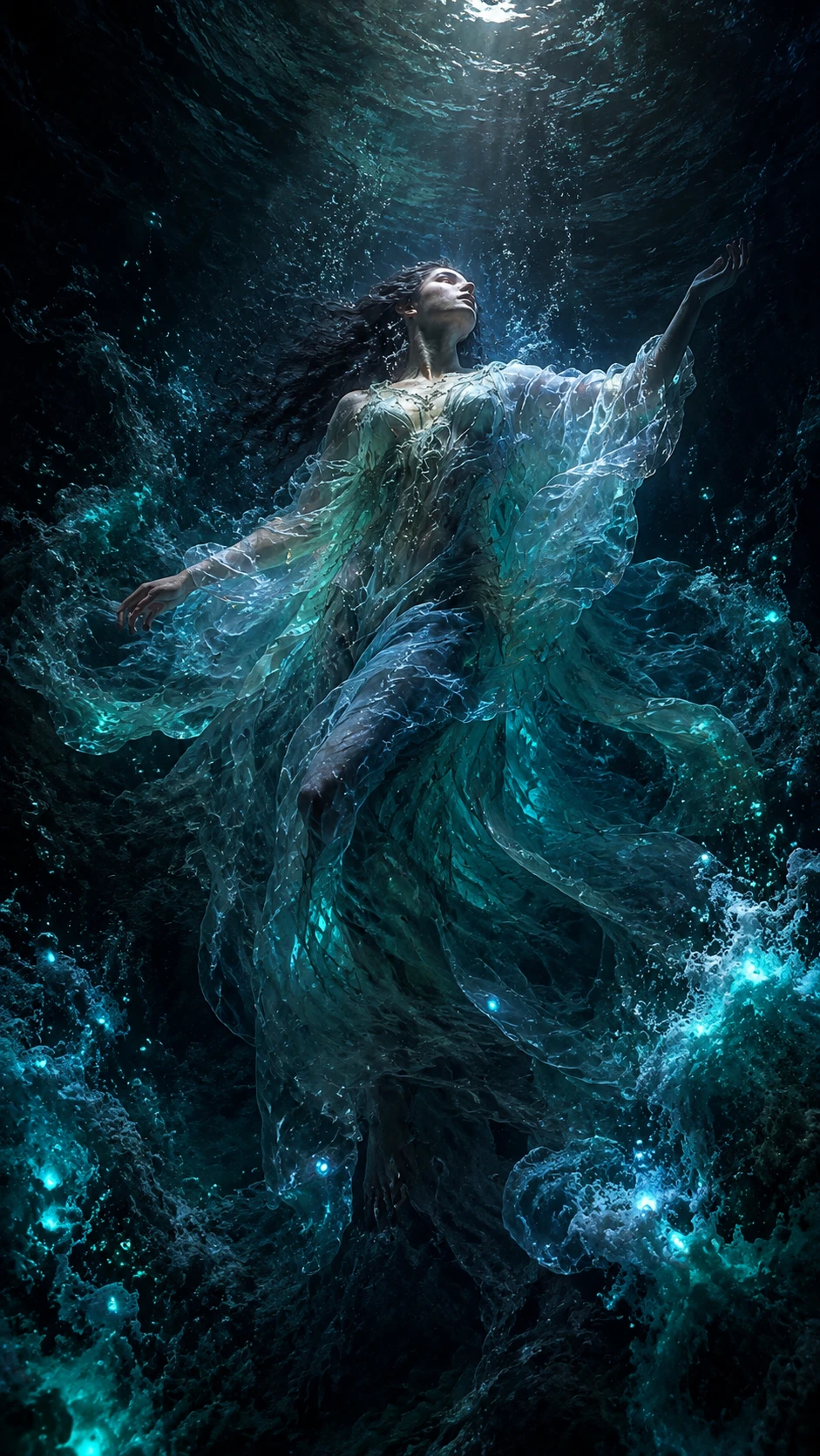 Silhouette mystérieuse flottant dans un océan sombre bioluminescent