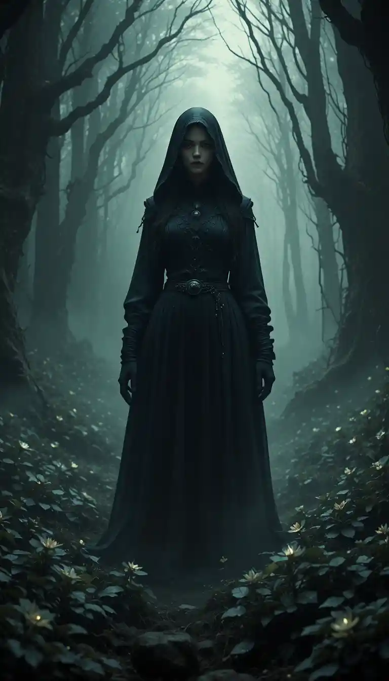Hooded woman surrounded by shadows in misty forest