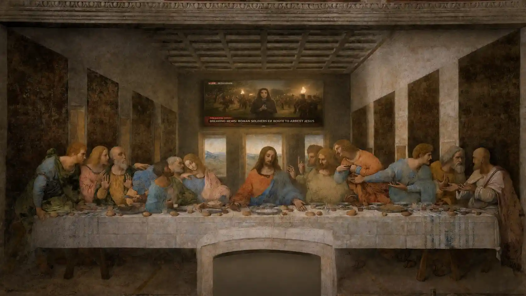 Cinematic last supper scene with modern television news