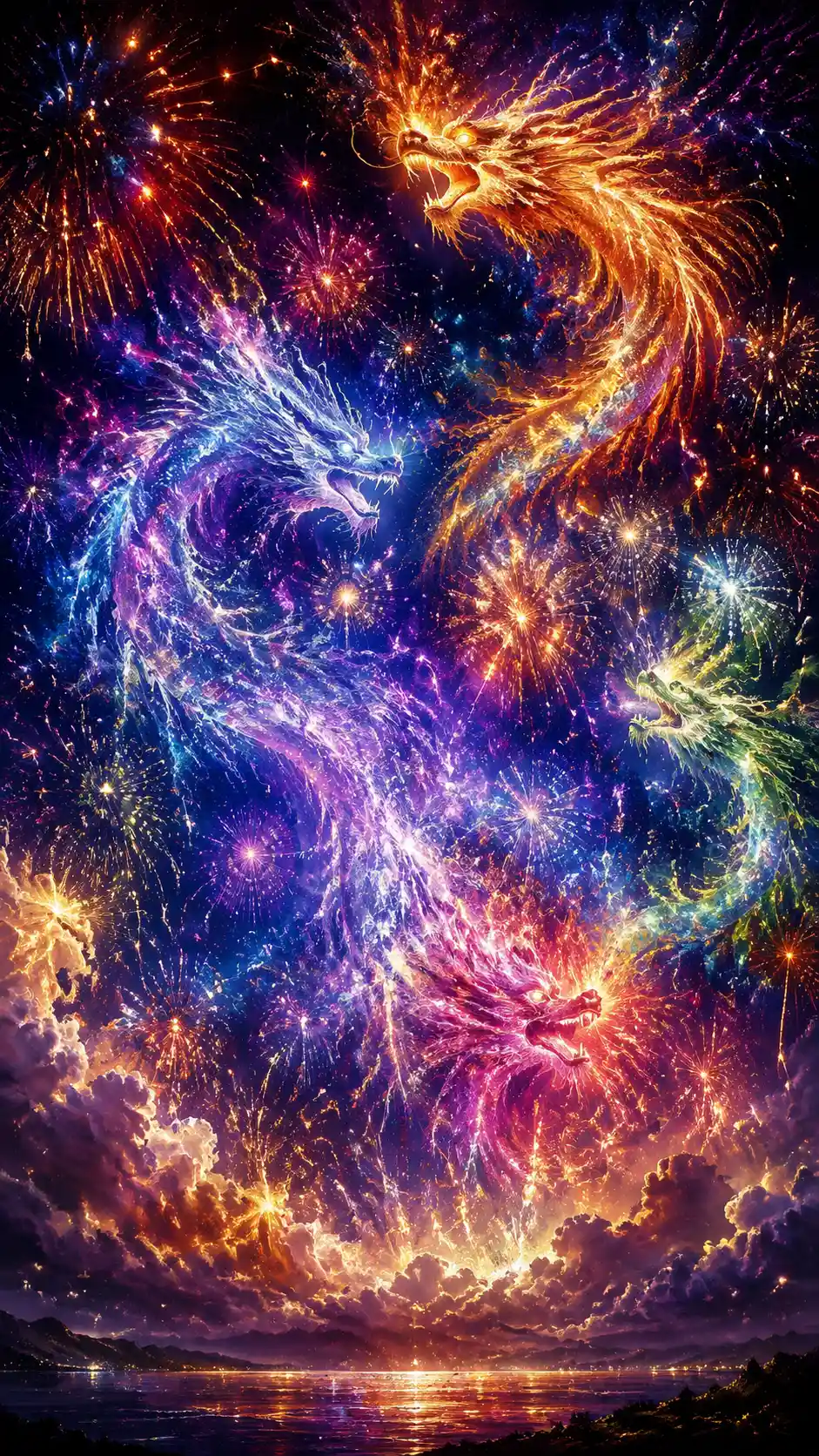 Iridescent dragons emerging from a massive cosmic fireworks burst