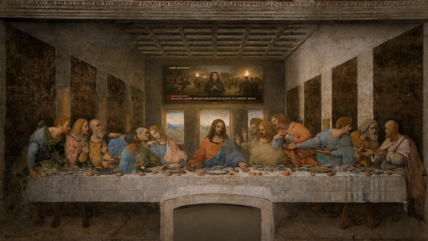 Scena cinematografica dell'ultima cena con telegiornale moderno