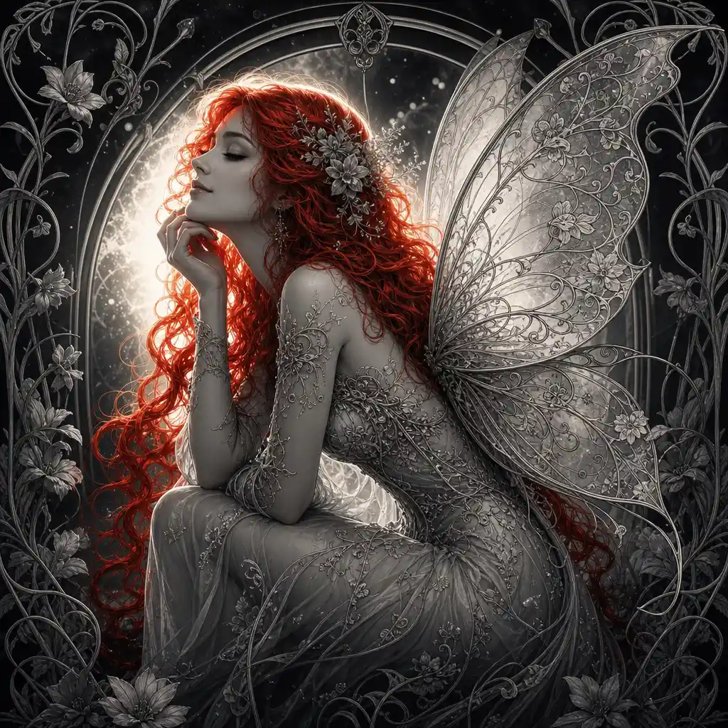 Ethereal fairy woman with luminous red hair and wings