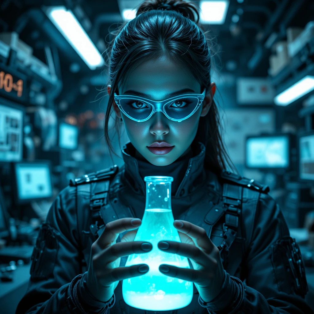 Weibliche Militärwissenschaftlerin im futuristischen taktischen Labor