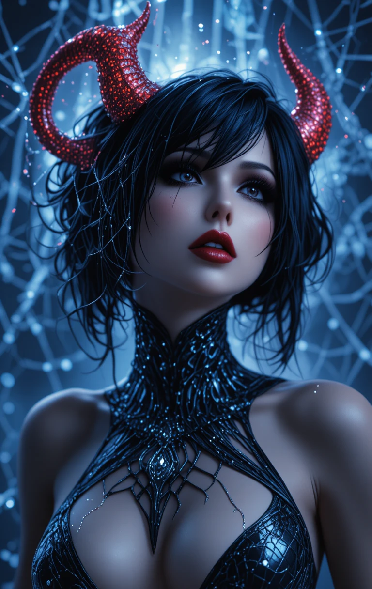 Femme gothique cornue avec toiles d’araignée bleues lumineuses
