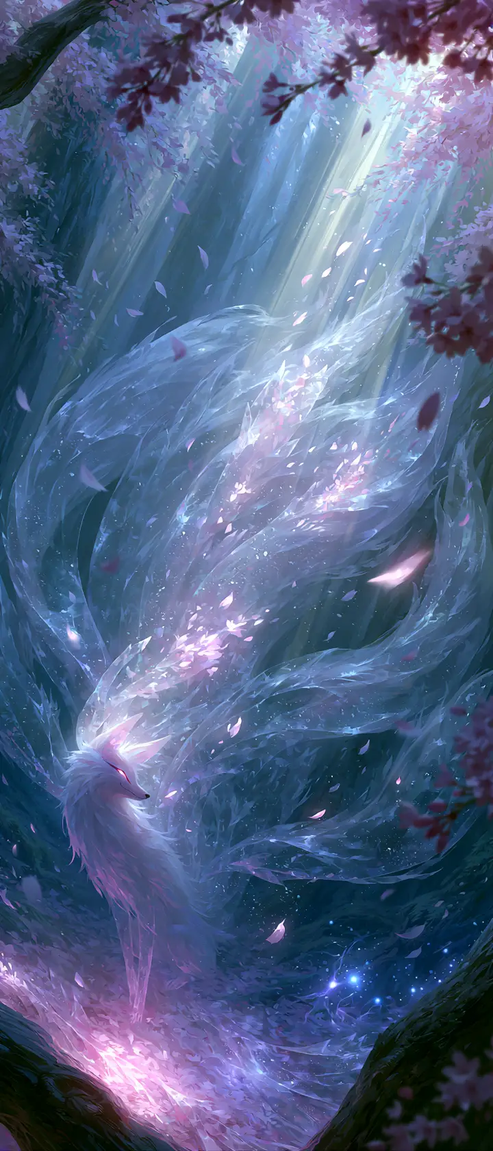 Kitsune de cristal à neuf queues dans une ancienne forêt baignée de soleil