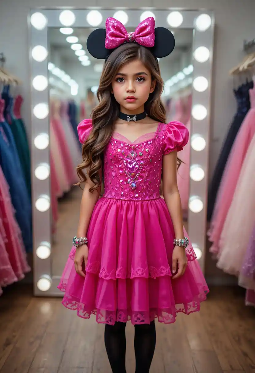 Nervous boy in pink minnie dress in dress shop backroom