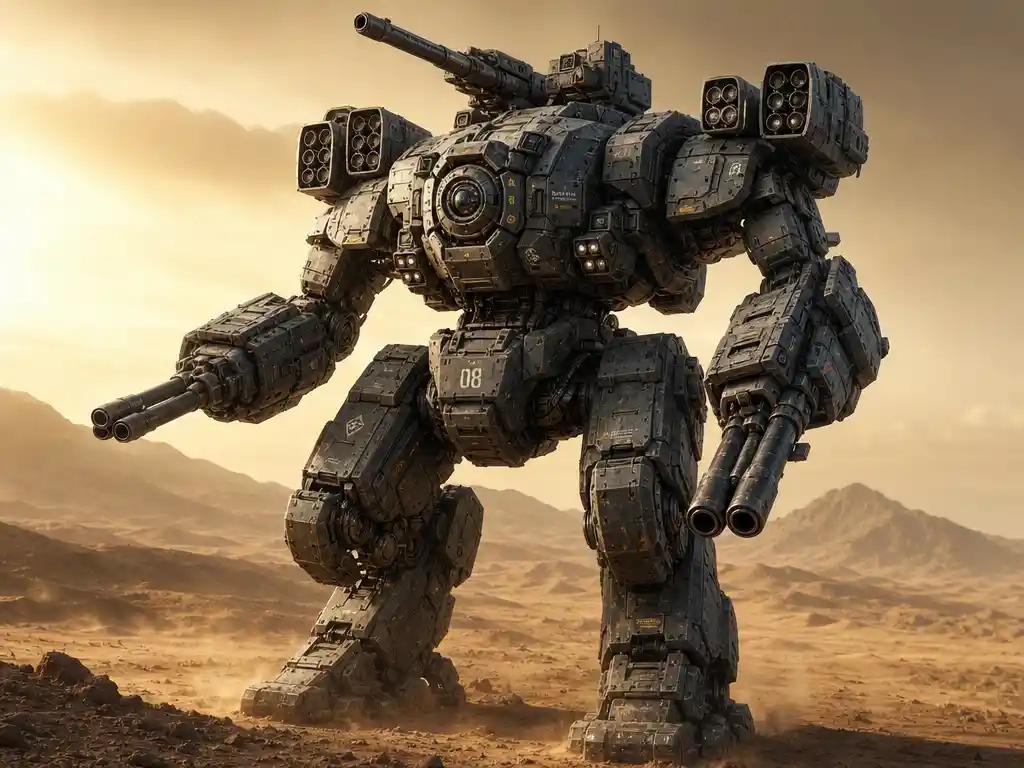 Armored combat mech standing in a vast desert landscape