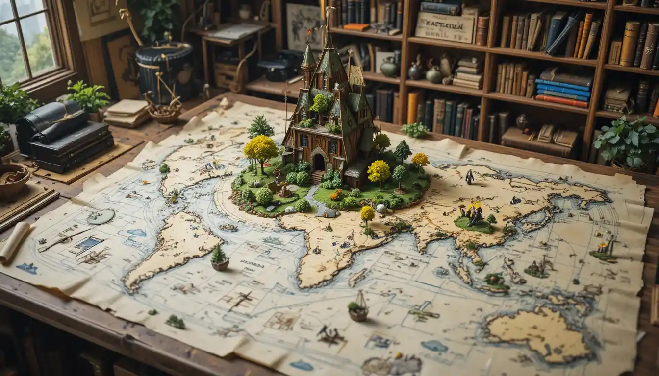 Magical workshop where islands rise from parchment maps