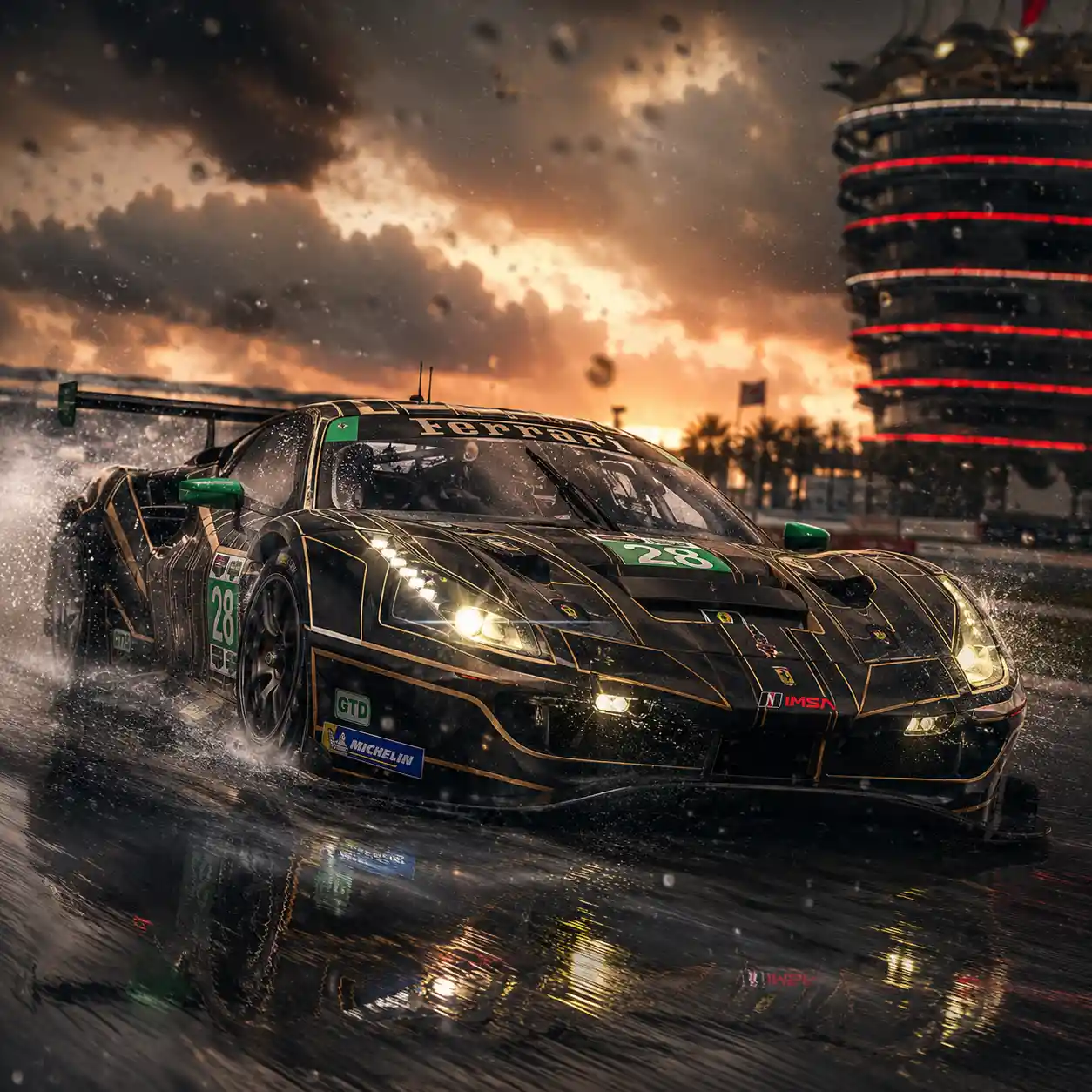 Cinematic 3D close up of ferrari race car on track