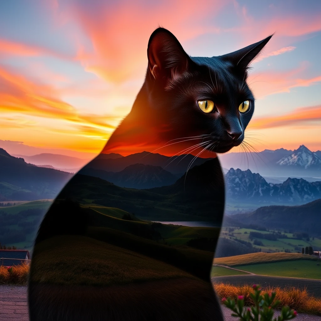 Silhouette di gatto nero con paesaggio al tramonto all'interno