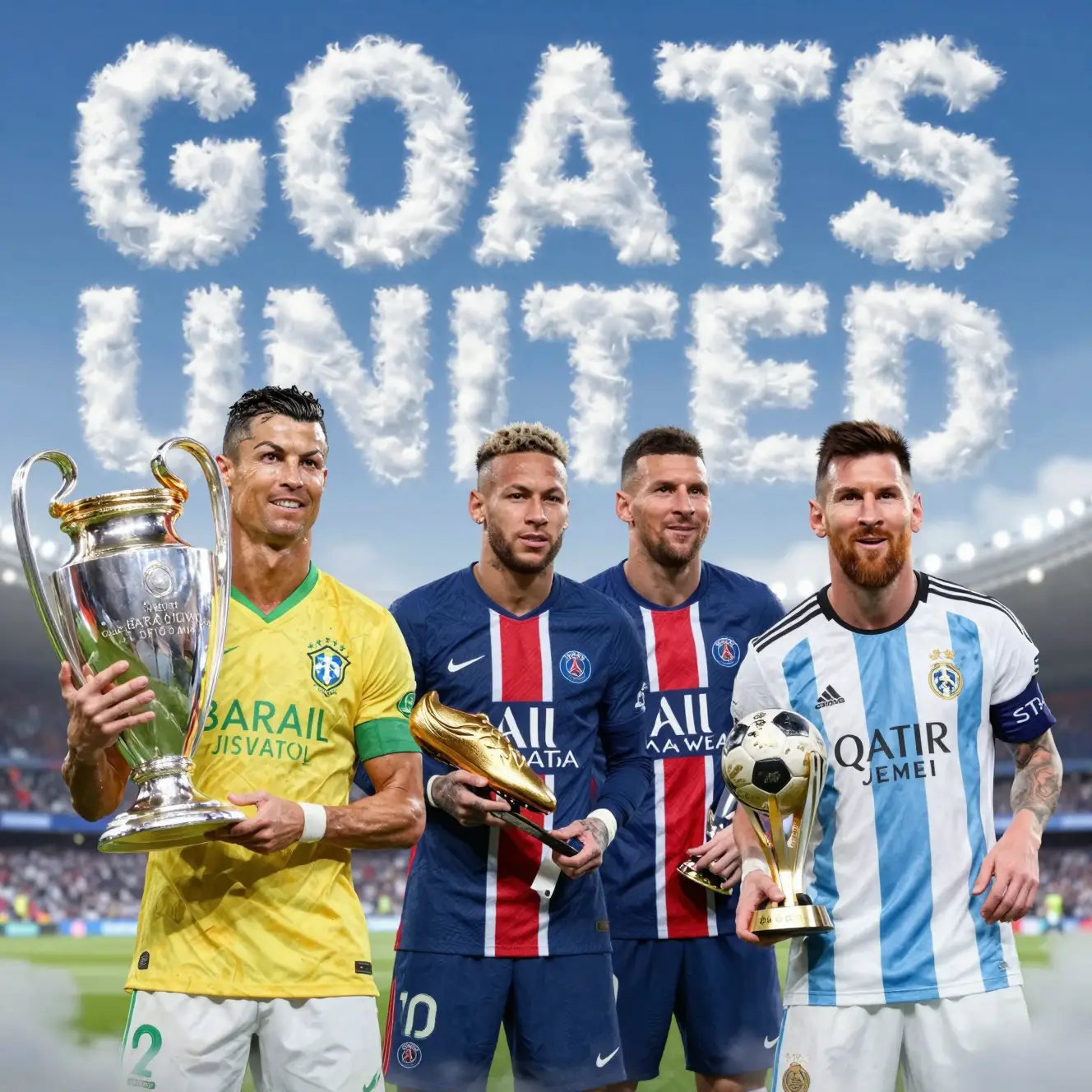 Soccer legends standing together holding championship trophies