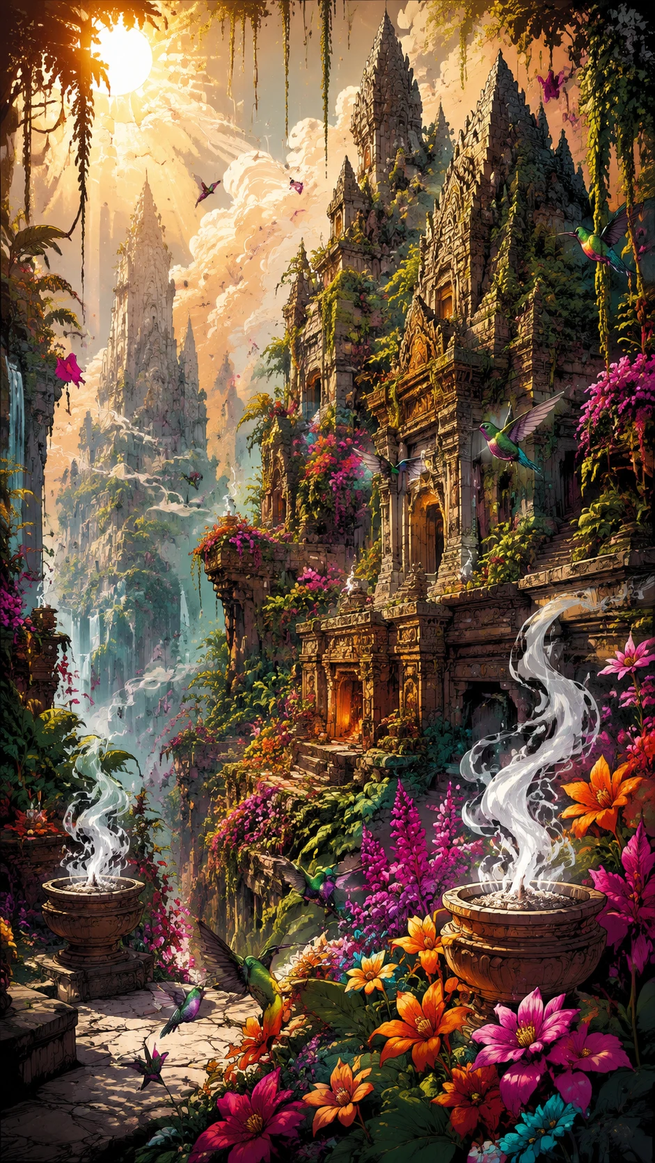 Templo místico banhado pelo sol coberto por flores exóticas vibrantes