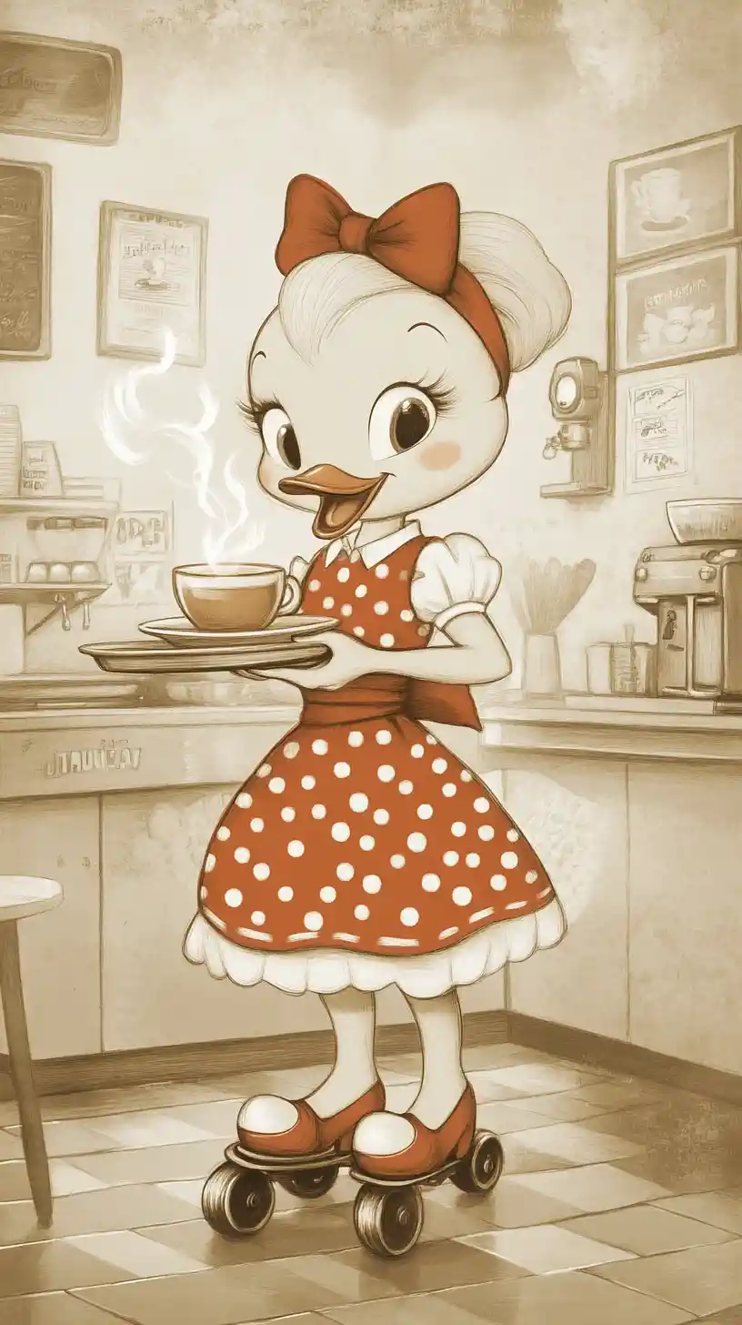 Cute baby duck waitress serving coffee on roller skates