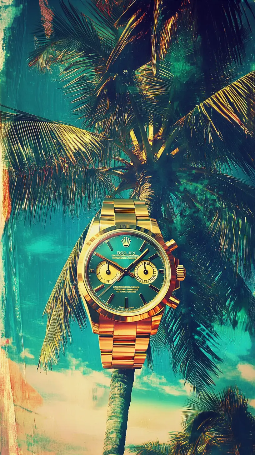 Goldene Armbanduhr in einer üppigen tropischen Umgebung